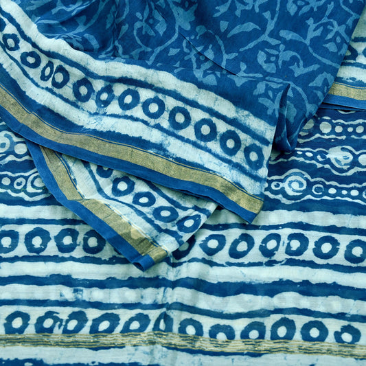 Indian Vintage Dupatta Blue Dupatta Long Stole Block Print Pure Chanderi Silk Scarves Veil Golden Zari