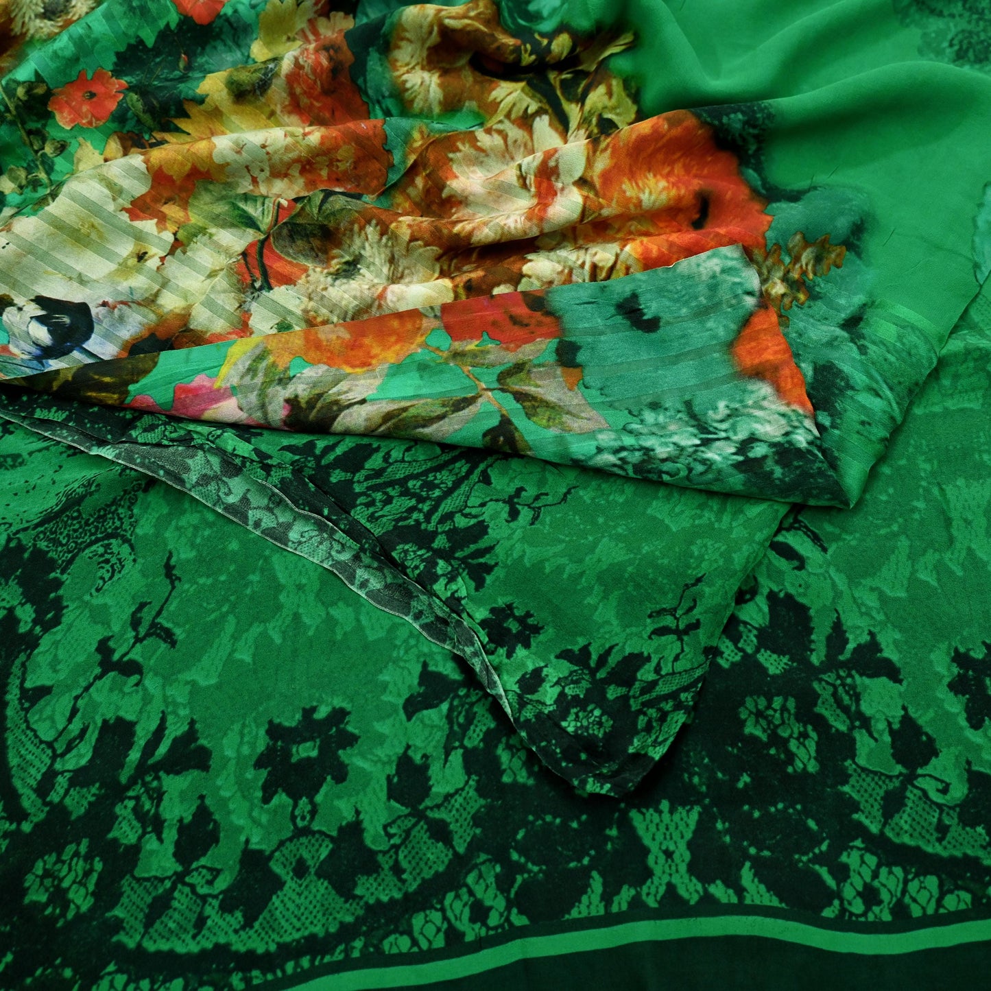 Indian Vintage Green & Black Saree Pure Georgette Silk Digital Printed Sari Sewing 5yd Craft Fabric Soft Floral Crafting Dress Making