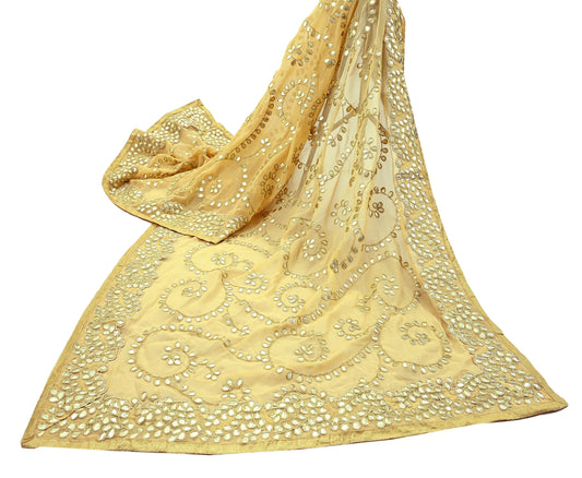 Indian Vintage Heavy Beige Dupatta Pure Georgette Silk Long Stole Hand Embroidered Gota Patti Scarf Zari Veil Wrap