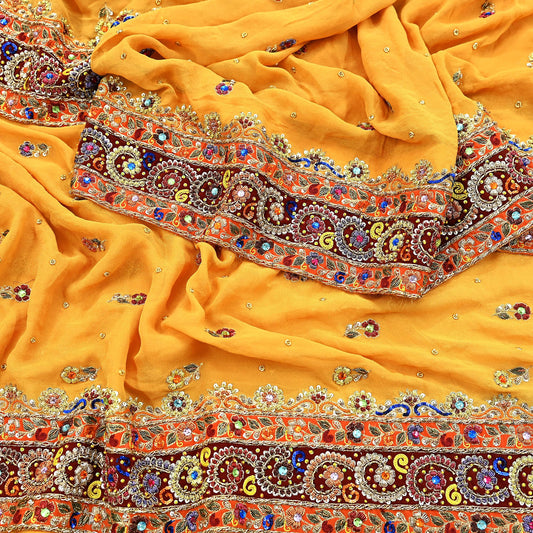 Indian Vintage Heavy Bridal Dupatta Saffron Pure Georgette Silk Long Stole Hand Embroidered Scarf Zardozi/Dabka Zari Wedding/Party Dupatta