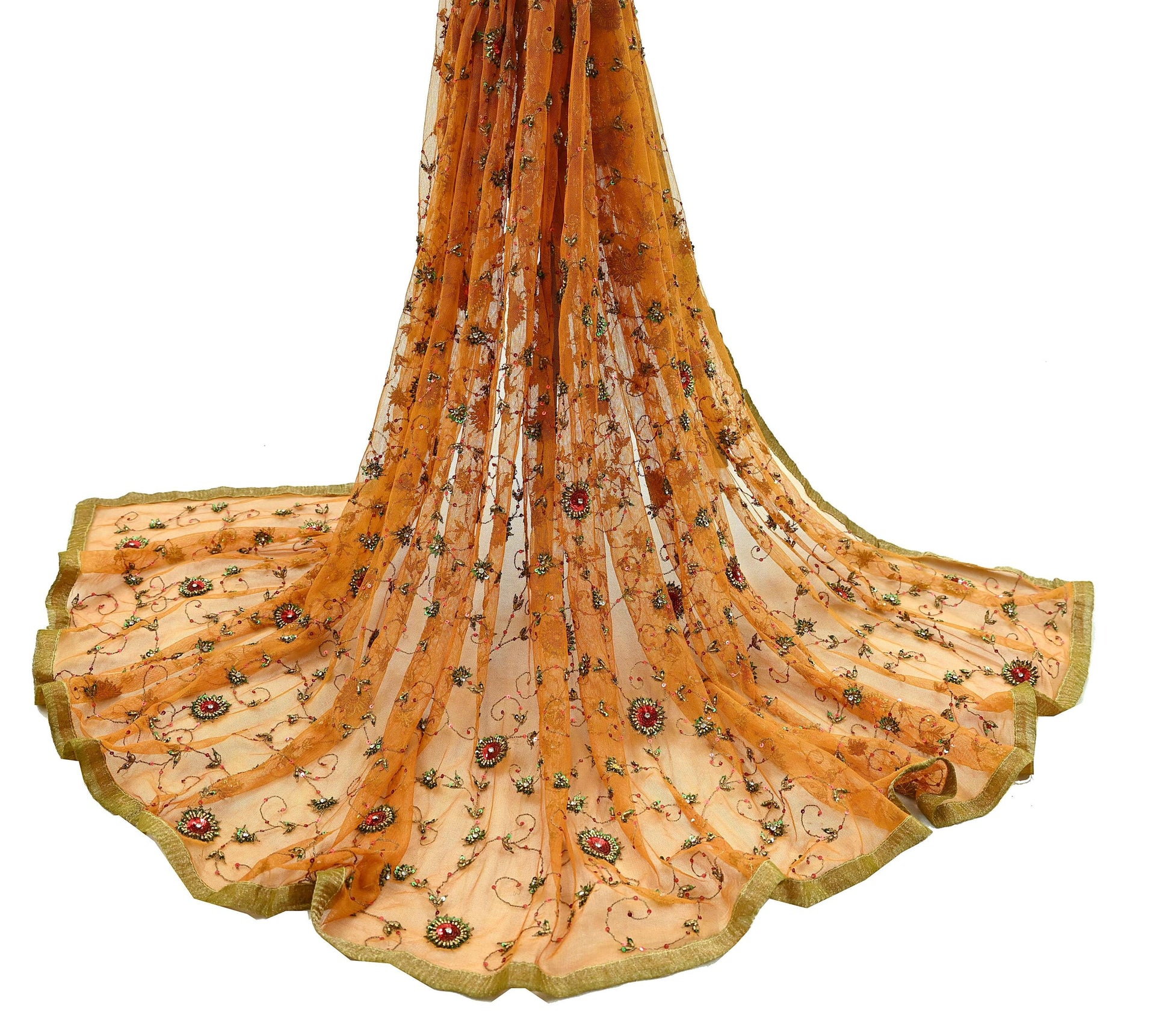 Indian Vintage Heavy Orange Dupatta Net Mesh Long Stole Hand Embroidered Scarves Glass Beaded Golden Sequins Wedding/ Bridal Veil Hijab