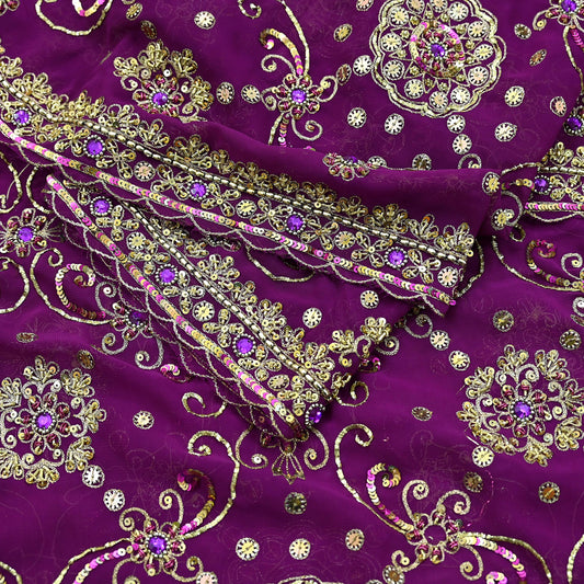 Indian Vintage Heavy Purple Dupatta Georgette Long Stole Hand Embroidered Scarf Zari Zardozi Wedding/Bridal Veil Hijab