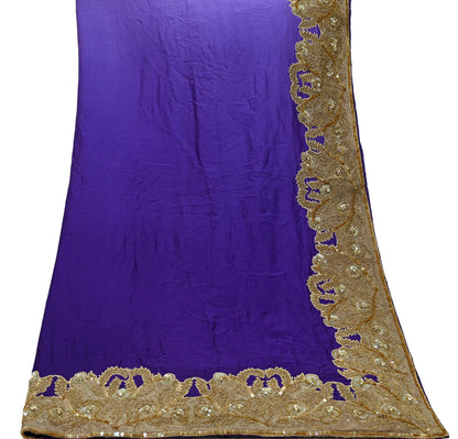 Indian Vintage Heavy Wedding Purple Dupatta Pure Satin Silk Long Stole Hand Embroidered Scarves Golden Zardozi Veil