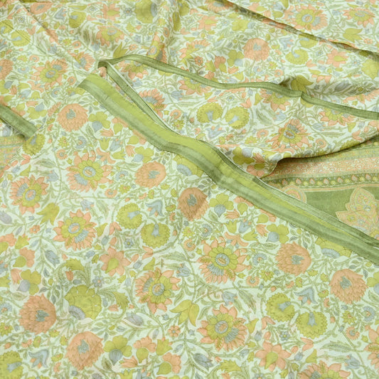 Indian Vintage Ivory & Green Saree Pure Silk Printed Sari 6yd Sewing Craft Fabric Dress Making Soft Crafting Quilting Quilting Upcycle