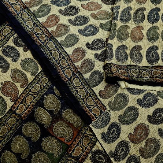 Indian Vintage Sari Beige Pure Crepe Silk Printed Sarees 5yd Sewing Paisley Soft Craft Fabric Wrap Dress making Crafting Quilting Used