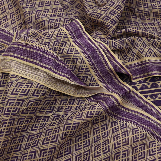 Indian Vintage Sari Beige & Purple Pure Cotton Printed Sarees Craft Fabric Soft 5Yd Sarong Wrap Boho Fabric Kimono Quilting Crafting Upcycle