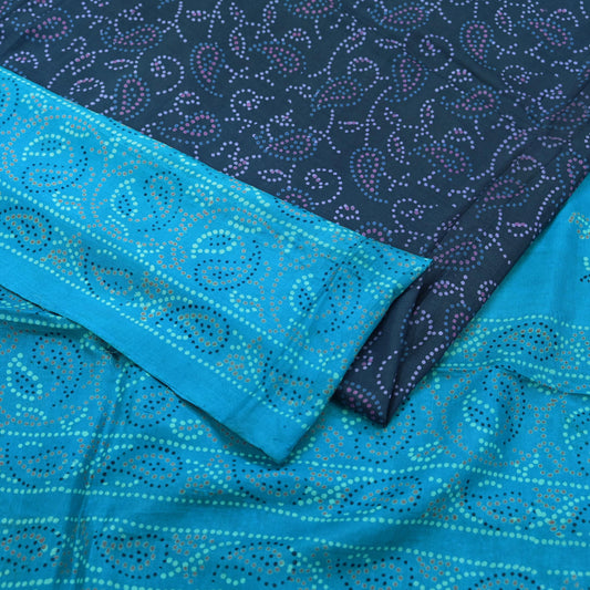 Indian Vintage Sari Blue Pure Silk Bandhani Printed Sarees Fabric 6yd Floral Sewing Traditional Culture Sari Ethnic Fabric
