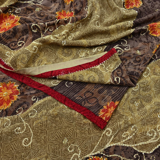 Indian Vintage Sari Brown & Beige Pure Crepe Silk Hand Embroidered Saree 5yd Sewing Floral Craft Sequins Dress making Crafting Quilting