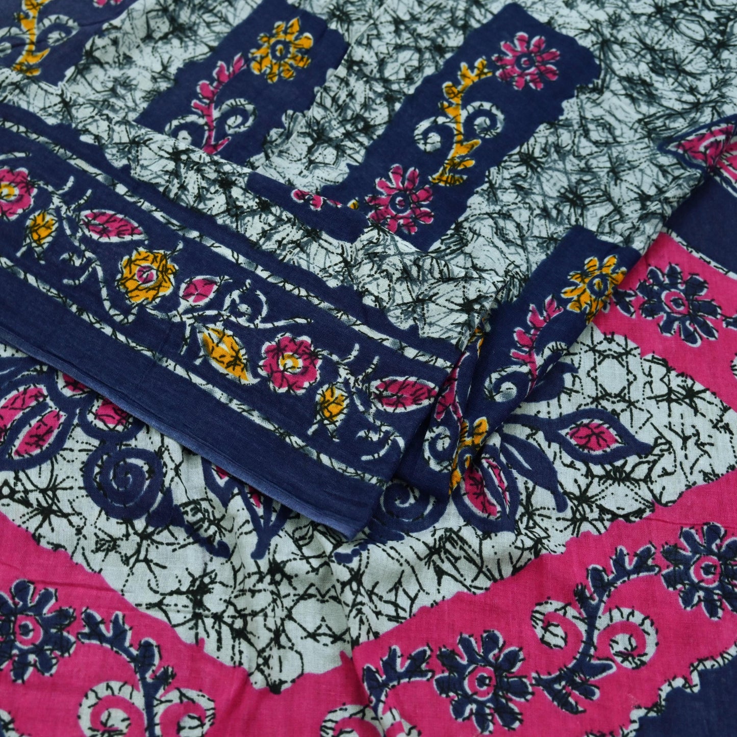 Indian Vintage Sari Gray & Blue Batik Printed Pure Cotton Saree Craft Fabric 5Yd Sewing Soft Sarong Wrap Boho Dress Making Quilting Crafting