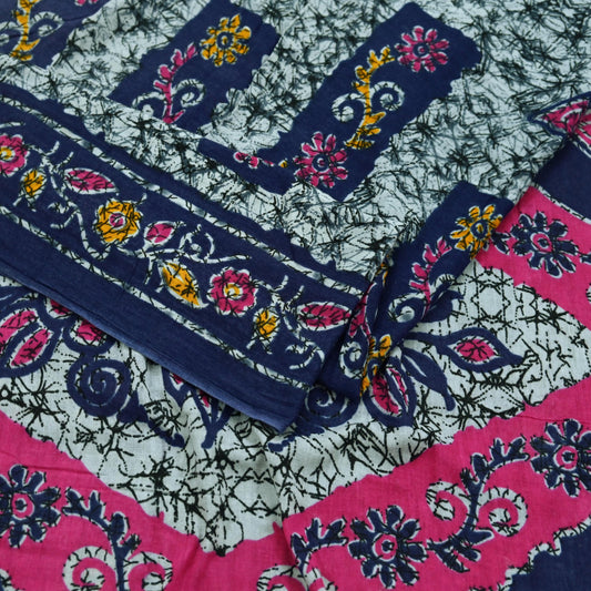 Indian Vintage Sari Gray & Blue Batik Printed Pure Cotton Saree Craft Fabric 5Yd Sewing Soft Sarong Wrap Boho Dress Making Quilting Crafting