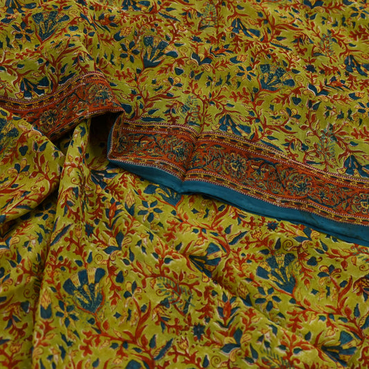 Indian Vintage Sari Green 100% Pure Georgette Silk Printed Sarees Sewing 5yd Craft Fabric Soft Dress Designing for Crafting Floral