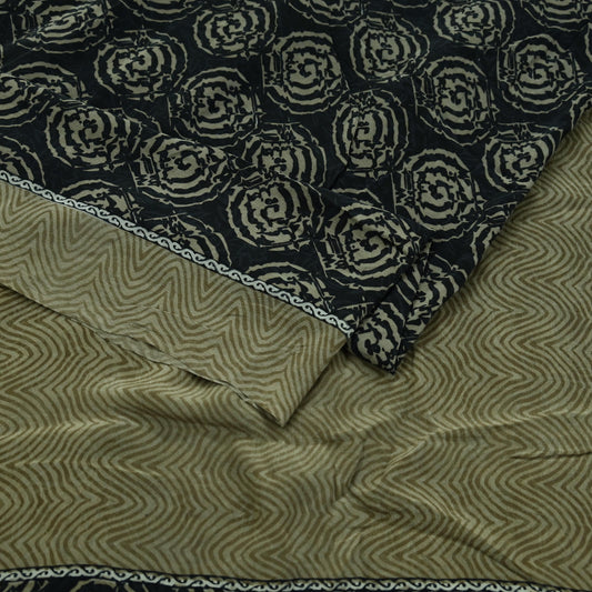 Indian Vintage Sari Green & Black Pure Crepe Silk Printed Sarees 5yd Sewing Floral Soft Craft Fabric Wrap Dress making Crafting Quilting