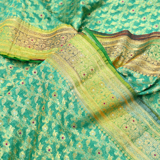 Indian Vintage Sari Heavy Green Pure Organza Silk Woven Brocade Banarasi Sarees Zari 5Yd Ethnic Fabric Dress Making Wedding Sarees