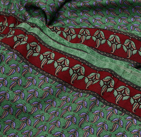 Indian Vintage Sari Maroon & Green Pure Silk Printed Saree Craft Fabric 6yd Sewing Dress Making Soft Floral Dress making Crafting Quilting