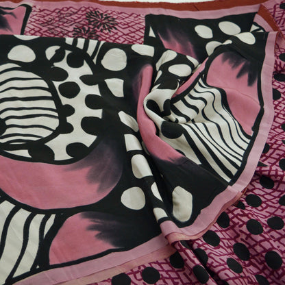 Indian Vintage Sari Pink & Black Pure Crepe Silk Printed Sarees 6yd Sewing Floral Soft Craft Fabric Ethnic Wrap