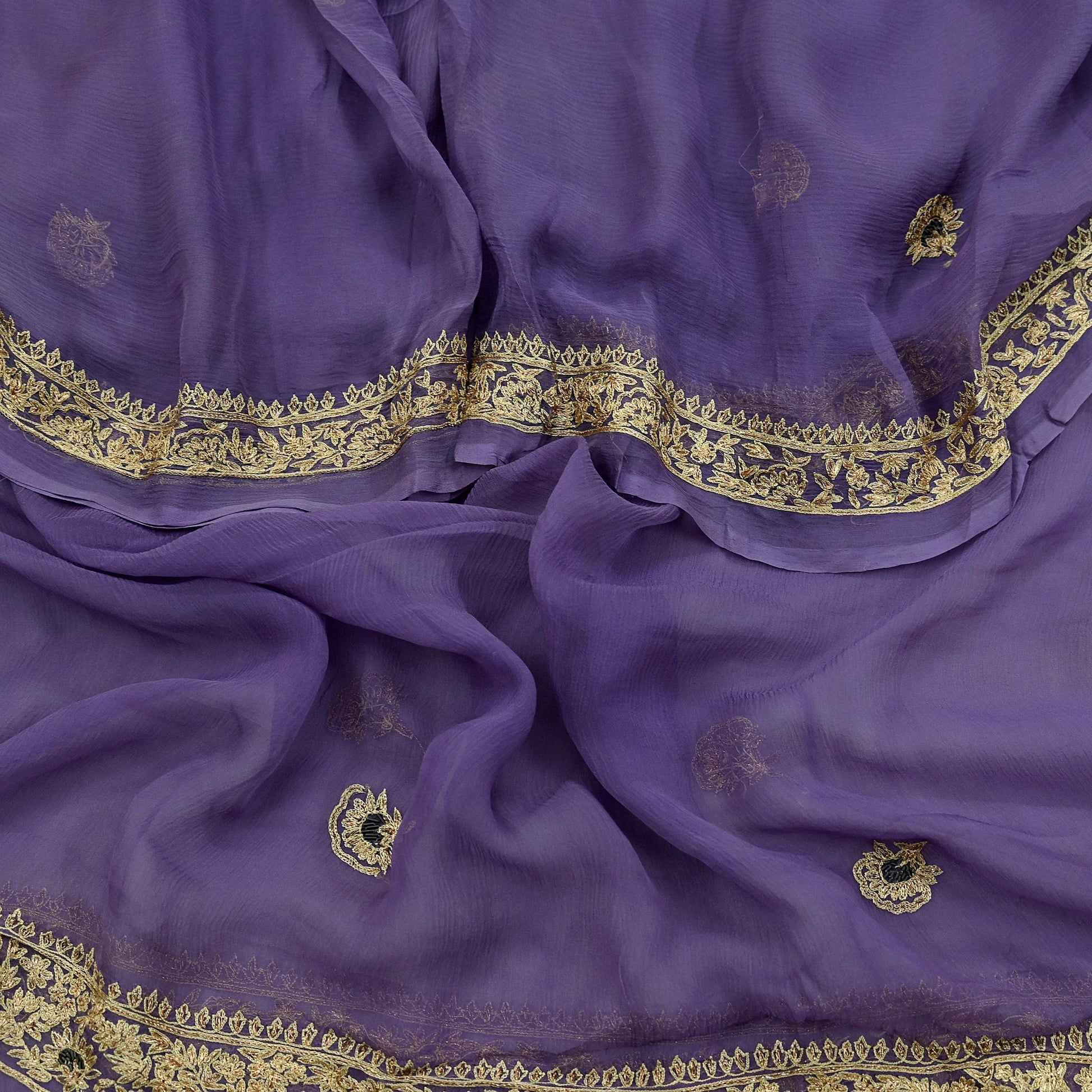 Indian Women Vintage Purple Dupatta Pure Chiffon silk Long Stole Hand Embroidered Hijab Scarves Veil Wrap soft Zari Zardozi