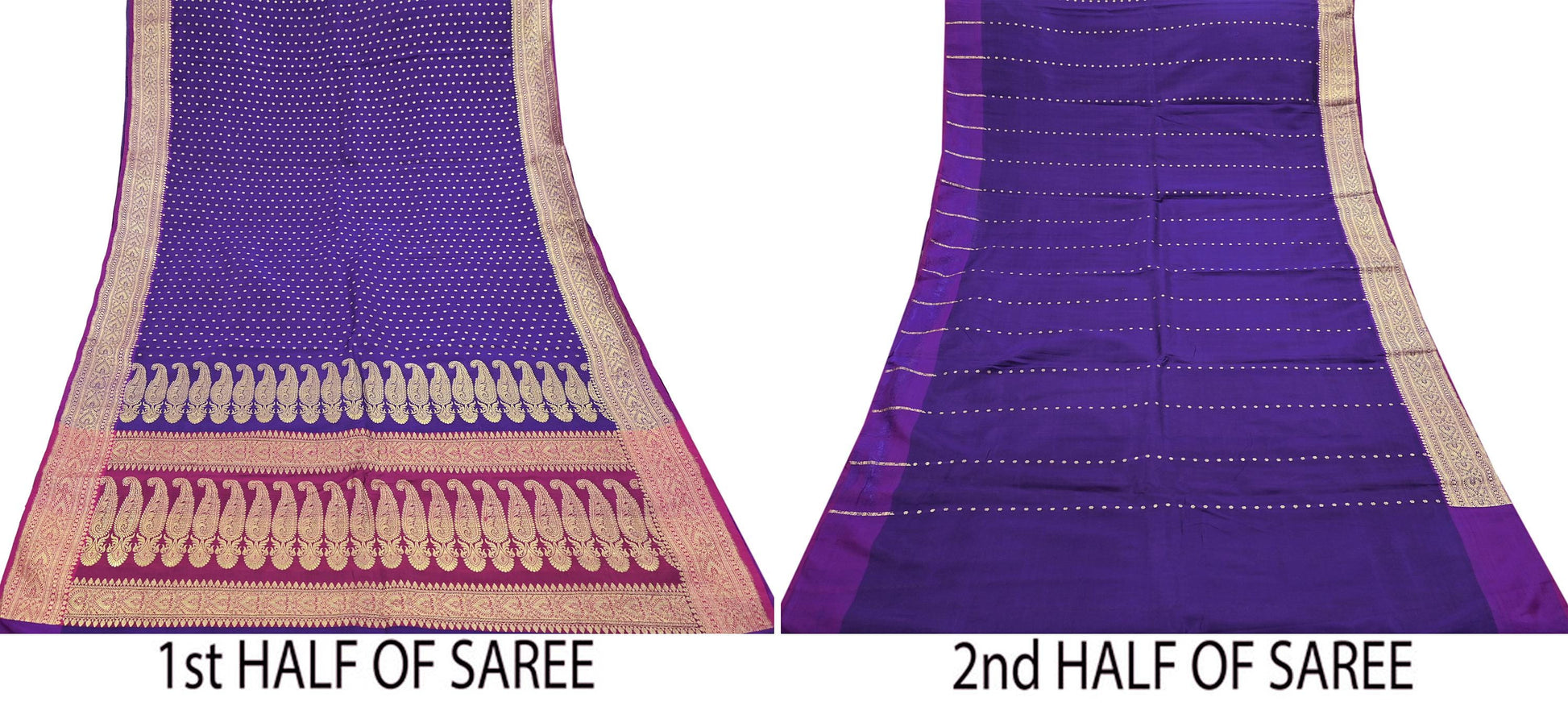 Purple saree with gold border, shown in two halves on a white background.