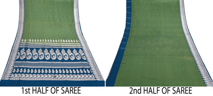 Two halves of a saree with blue and white patterns on a green background.