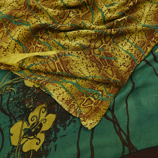 Women Vintage Sari Green Pure Georgette Silk Printed Saree Craft Fabric Sewing 5Yd Soft Light Dress Making Floral Quilting Crafting Upcycle