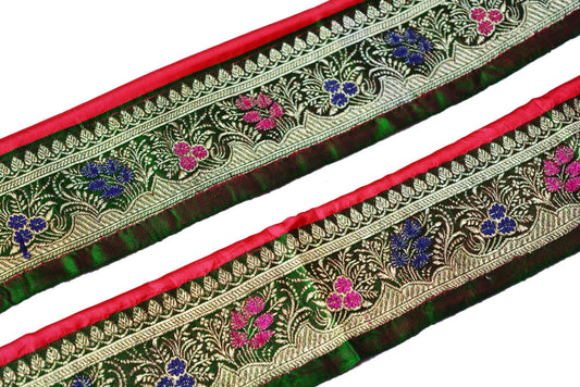 Indian Vintage Green & Pink Sari Border Antique Woven Brocade Trim Craft Sewing Ribbon Recycled Sari Border Pure Silk Home Decor Lace