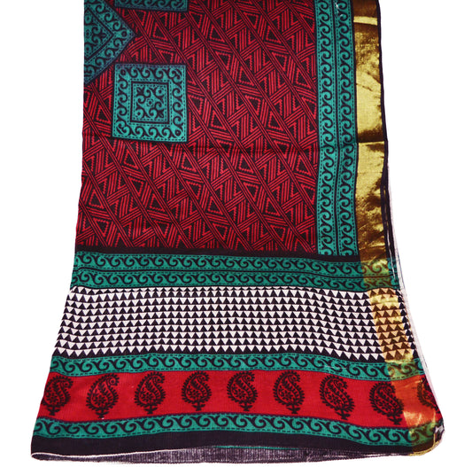 Indian Multi Vintage Dupatta Long Stole Printed Pure Cotton Indian Scarves Veil Golden Zari Soft Paisley Design