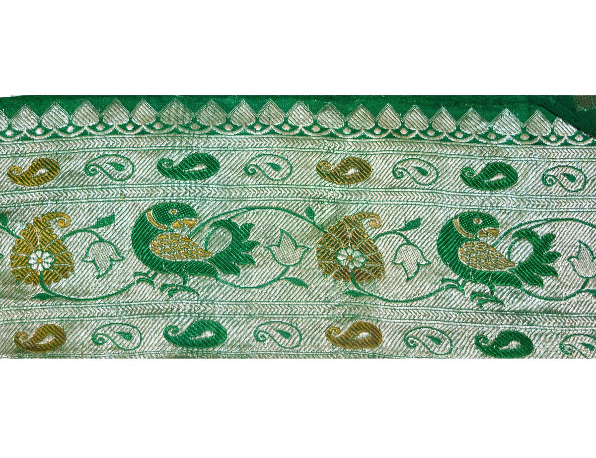 Indian Antique Vintage Sari Border Woven Banarasi Brocade Trim Craft Sewing Ribbon Recycled Sari Border Lace Green Golden Zari Home Deco