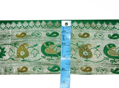 Indian Antique Vintage Sari Border Woven Banarasi Brocade Trim Craft Sewing Ribbon Recycled Sari Border Lace Green Golden Zari Home Deco