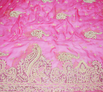 Indian Vintage Heavy Wedding Pink Dupatta Pure Chiffon Silk Long Stole Hand Embroidered Scarves Zardozi Zari Stole