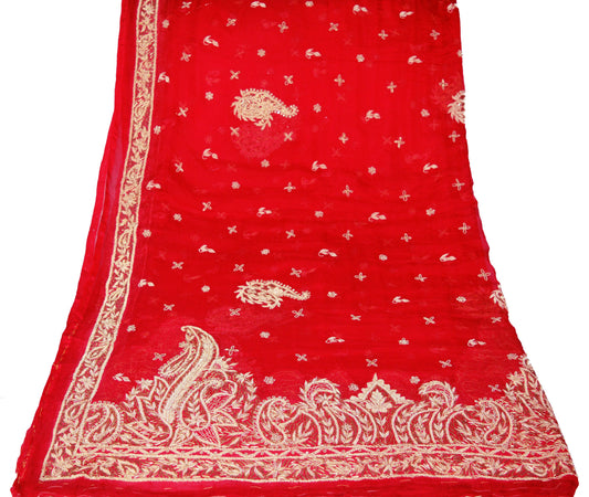 Indian Vintage Heavy Wedding Red Dupatta Pure Chiffon Silk Long Stole Hand Embroidered Scarves Zardozi Zari Stole