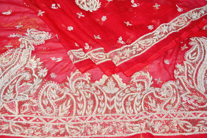 Indian Vintage Heavy Wedding Red Dupatta Pure Chiffon Silk Long Stole Hand Embroidered Scarves Zardozi Zari Stole