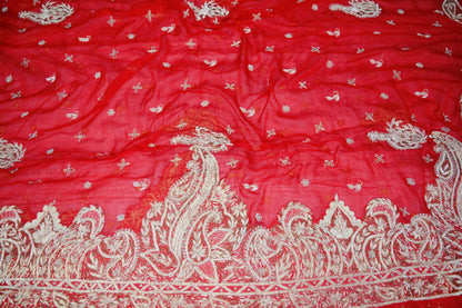 Indian Vintage Heavy Wedding Red Dupatta Pure Chiffon Silk Long Stole Hand Embroidered Scarves Zardozi Zari Stole