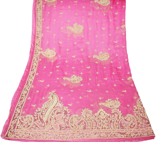 Indian Vintage Heavy Wedding Pink Dupatta Pure Chiffon Silk Long Stole Hand Embroidered Scarves Zardozi Zari Stole