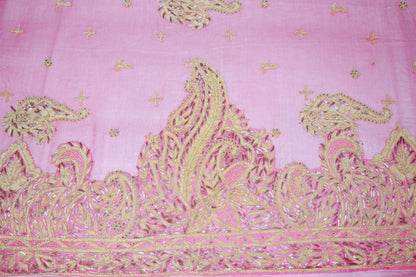 Indian Vintage Heavy Wedding Pink Dupatta Pure Chiffon Silk Long Stole Hand Embroidered Scarves Zardozi Zari Stole