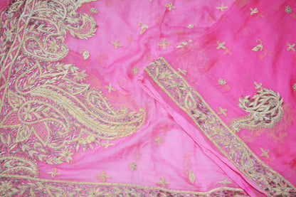 Indian Vintage Heavy Wedding Pink Dupatta Pure Chiffon Silk Long Stole Hand Embroidered Scarves Zardozi Zari Stole