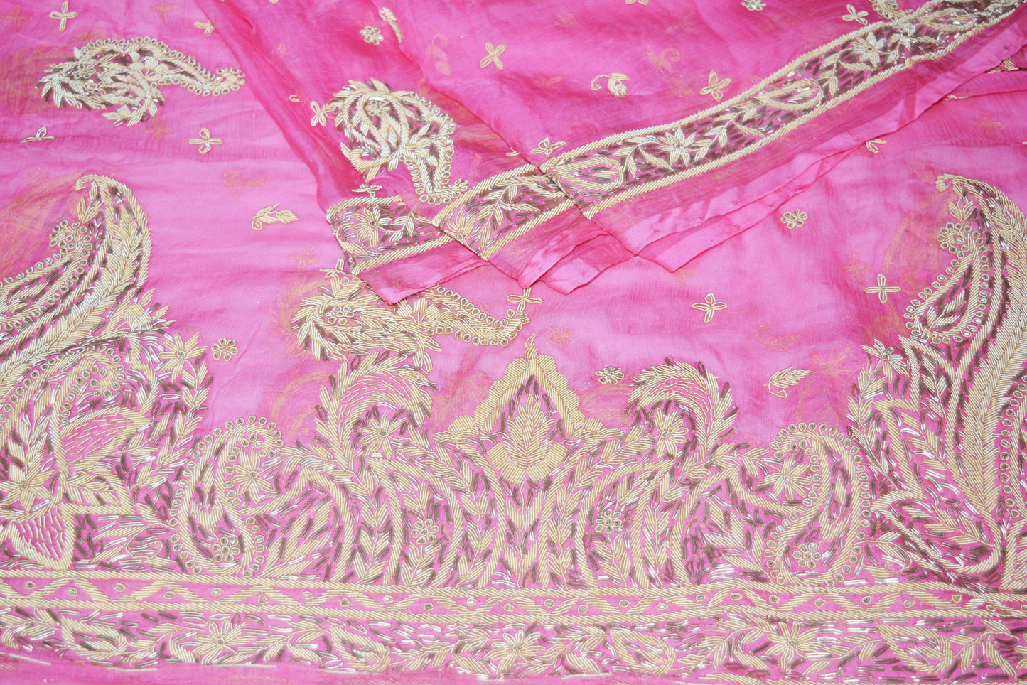 Indian Vintage Heavy Wedding Pink Dupatta Pure Chiffon Silk Long Stole Hand Embroidered Scarves Zardozi Zari Stole