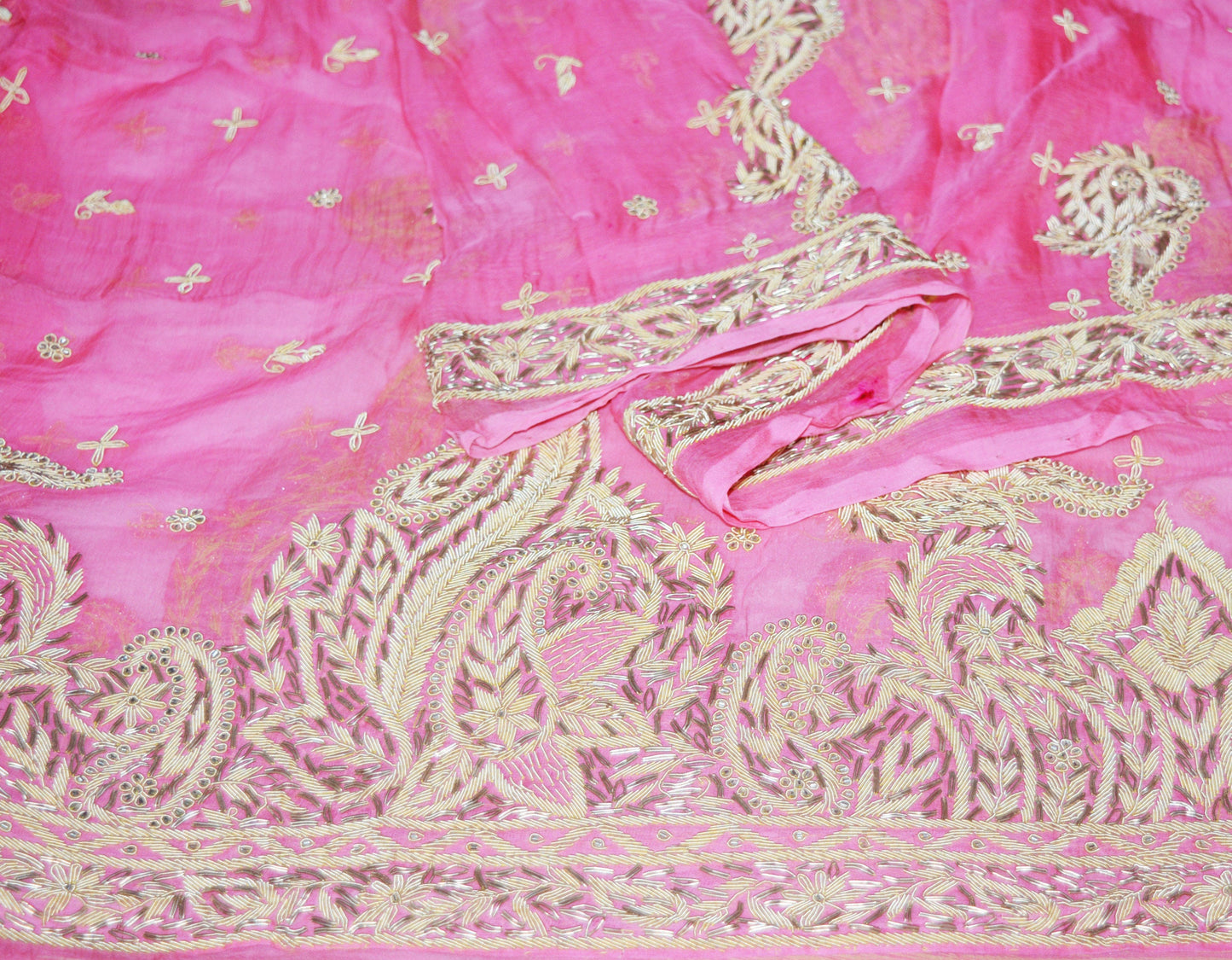 Indian Vintage Heavy Wedding Pink Dupatta Pure Chiffon Silk Long Stole Hand Embroidered Scarves Zardozi Zari Stole