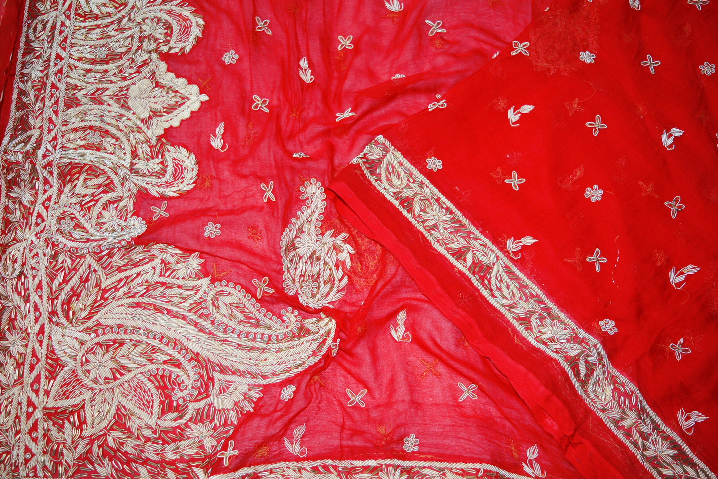 Indian Vintage Heavy Wedding Red Dupatta Pure Chiffon Silk Long Stole Hand Embroidered Scarves Zardozi Zari Stole