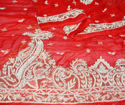 Indian Vintage Heavy Wedding Red Dupatta Pure Chiffon Silk Long Stole Hand Embroidered Scarves Zardozi Zari Stole