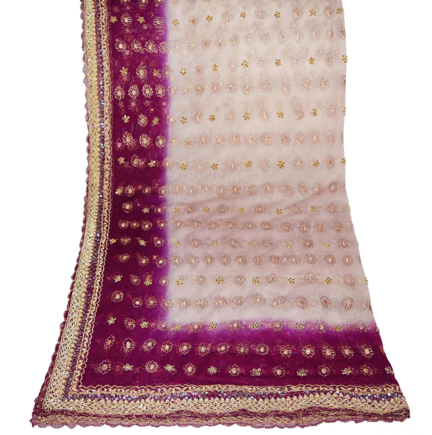 Indian Vintage Heavy Cream & Maroon Dupatta Net Mesh Long Stole Hand Embroidered Scarves Golden Zardozi Zari Stole