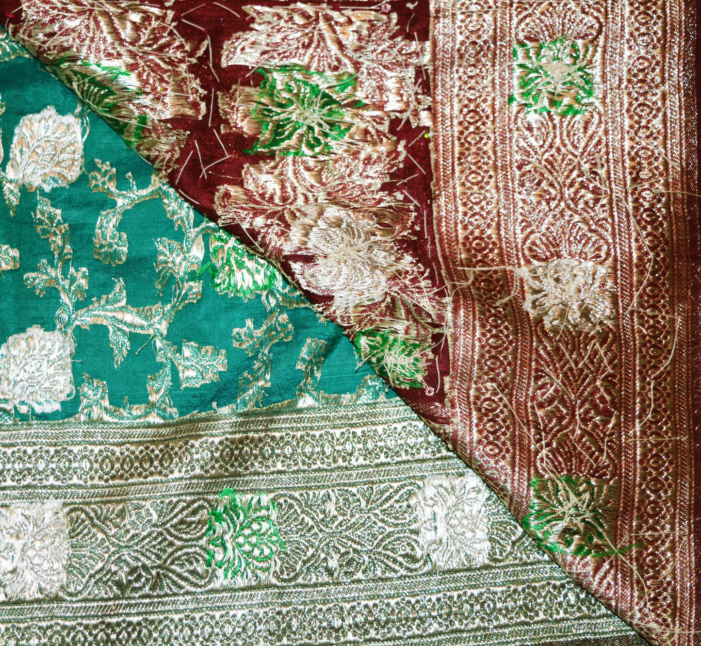 Indian Vintage Heavy Sari Wedding Pure Silk Green & Maroon Woven Banarasi Brocade Saree Zardozi 5Yard