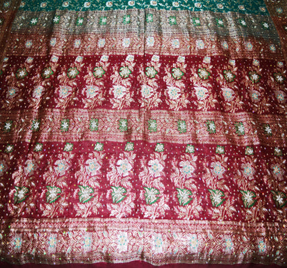 Indian Vintage Heavy Sari Wedding Pure Silk Green & Maroon Woven Banarasi Brocade Saree Zardozi 5Yard