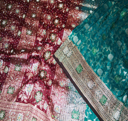 Indian Vintage Heavy Sari Wedding Pure Silk Green & Maroon Woven Banarasi Brocade Saree Zardozi 5Yard