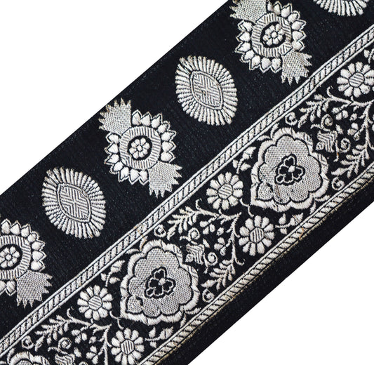 Indian Vintage Black Sari Border Woven Banarasi Brocade Trim Craft Sewing Recycled Sari Border Silver Zari Pure Silk Home Decor Crafting