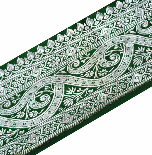 Indian Vintage Green Sari Border Woven Banarasi Brocade Trim Craft Sewing Recycled Sari Border Silver Zari Pure Satin Silk Decor Crafting