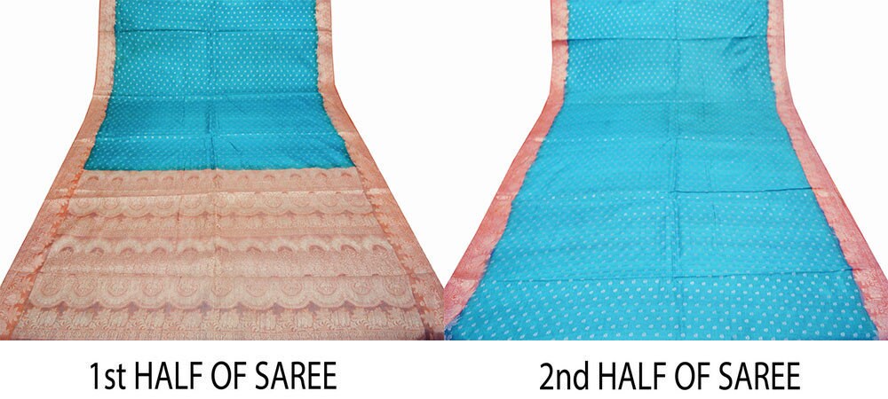 Indian Vintage Sari Blue & Saffron Pure Tussar Silk Hand Woven Sarees Fabric 5Yard Sewing Coarse Ethnic