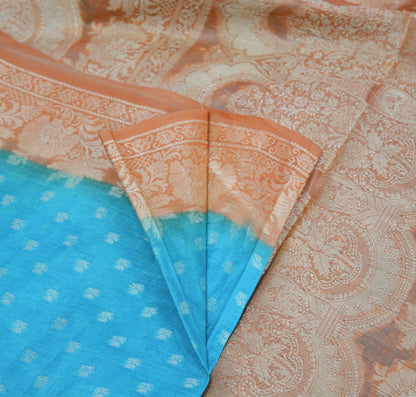 Indian Vintage Sari Blue & Saffron Pure Tussar Silk Hand Woven Sarees Fabric 5Yard Sewing Coarse Ethnic