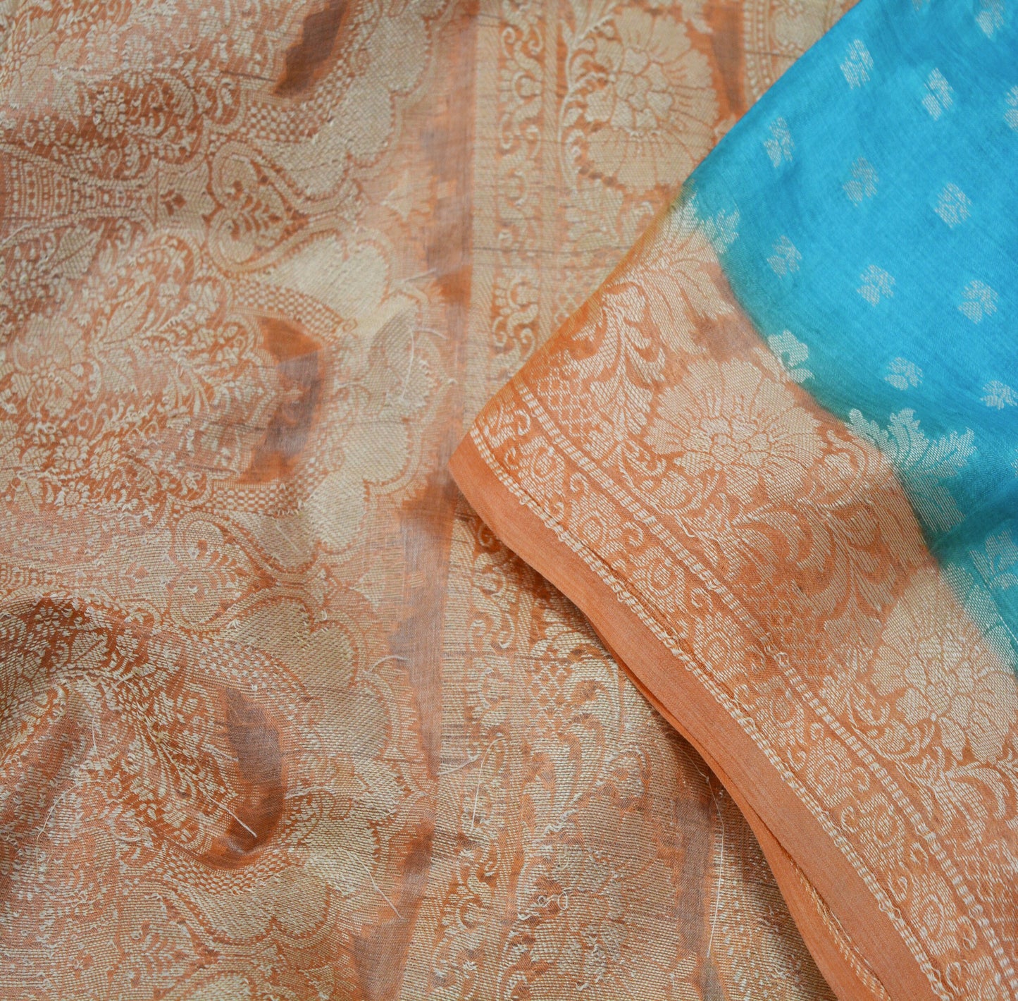 Indian Vintage Sari Blue & Saffron Pure Tussar Silk Hand Woven Sarees Fabric 5Yard Sewing Coarse Ethnic