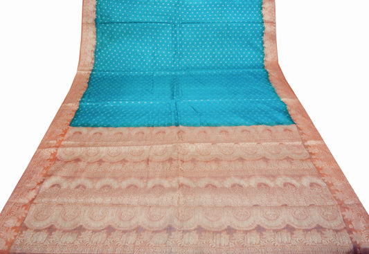 Indian Vintage Sari Blue & Saffron Pure Tussar Silk Hand Woven Sarees Fabric 5Yard Sewing Coarse Ethnic