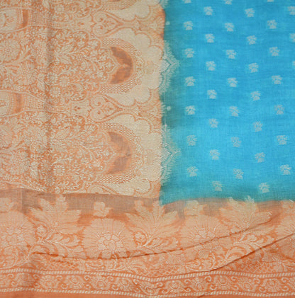Indian Vintage Sari Blue & Saffron Pure Tussar Silk Hand Woven Sarees Fabric 5Yard Sewing Coarse Ethnic
