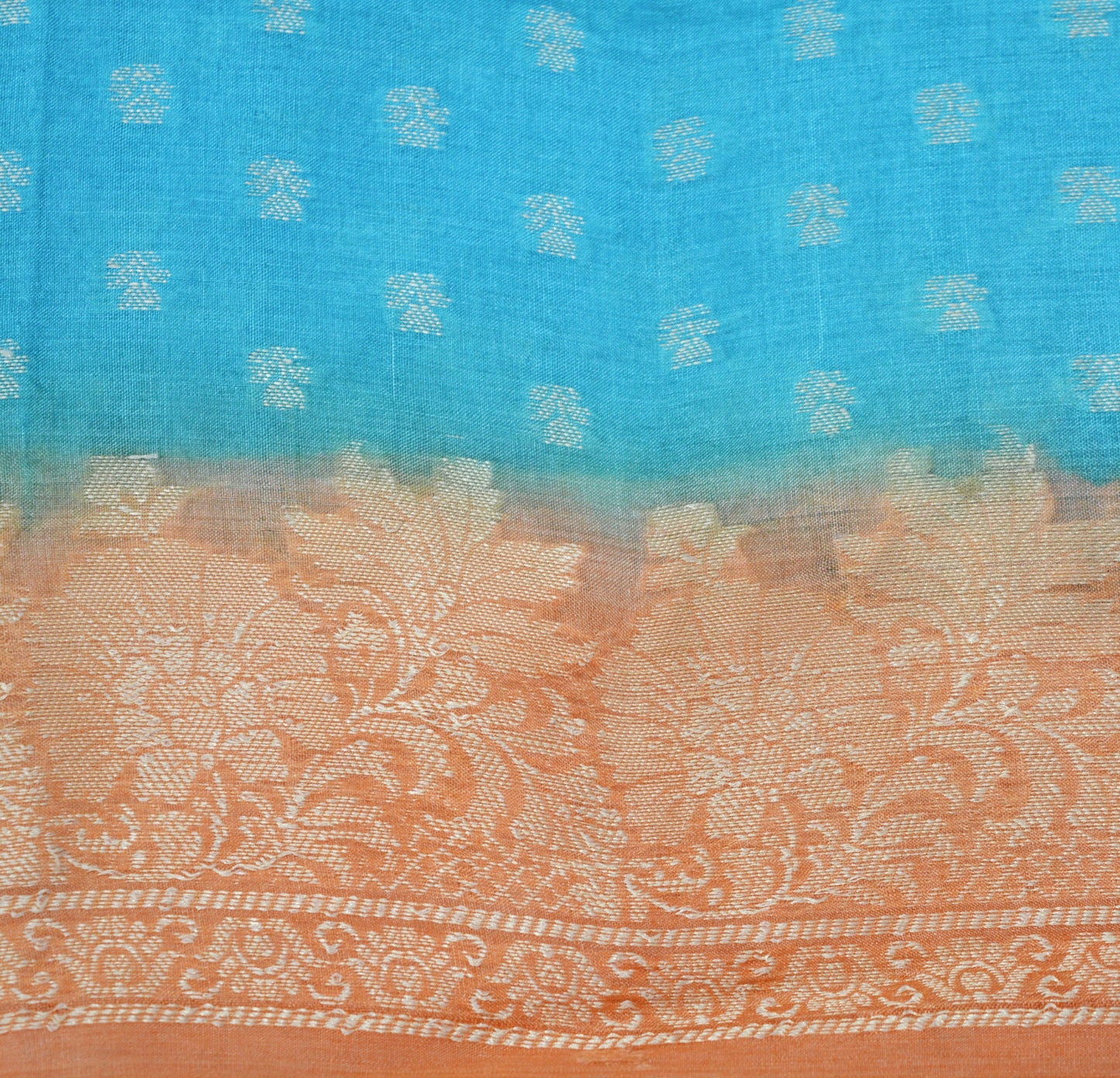Indian Vintage Sari Blue & Saffron Pure Tussar Silk Hand Woven Sarees Fabric 5Yard Sewing Coarse Ethnic